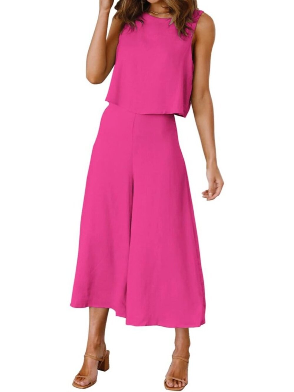 Women's Summer 2 Piece Rose Red Round Neck Crop Top Cropped Wide Leg Jumpsuit - Picture 2 of 6